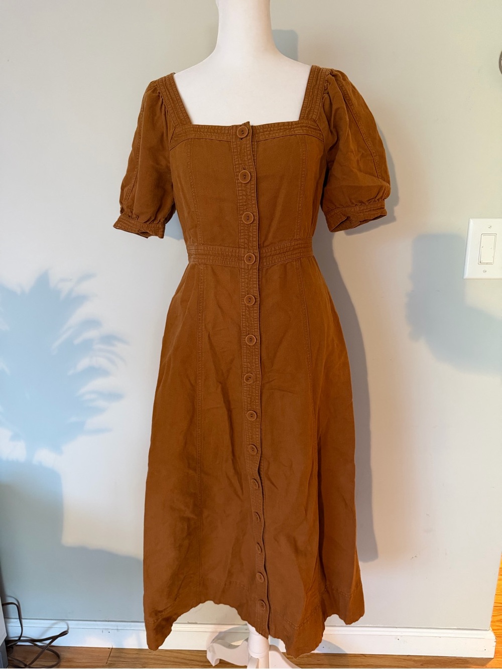 Madewell Seamed Puff-Sleeve Midi Dress Warm Coffee Size 0 Linen Blend - Picture 2 of 15